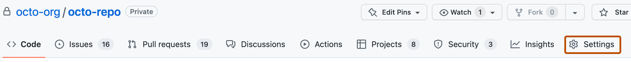 Settings tab in the repository header